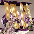 Elegant Floral Art Installation With Purple Frame Yellow Curtains And Purple Pink Floral Arrangements